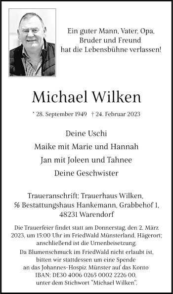 Anzeige von Michael Wilken 