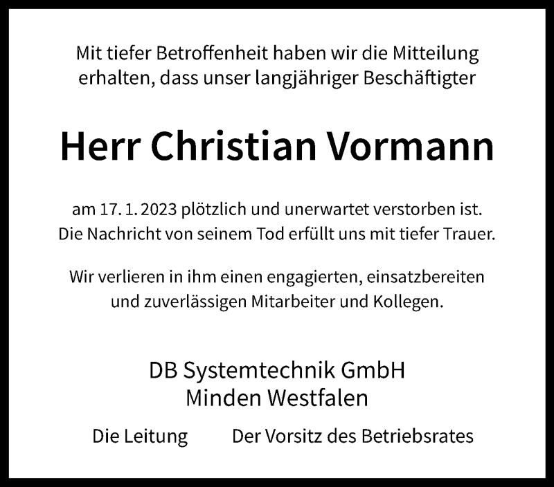  Traueranzeige für Christian Vormann vom 08.02.2023 aus 