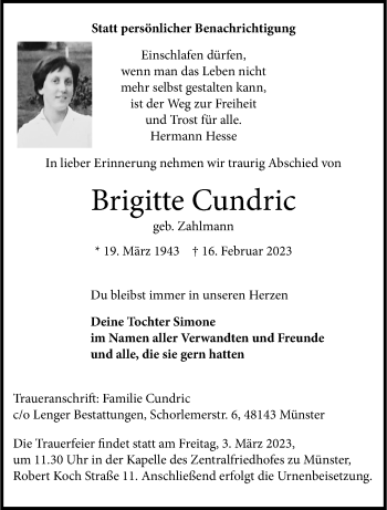 Anzeige von Brigitte Cundric 