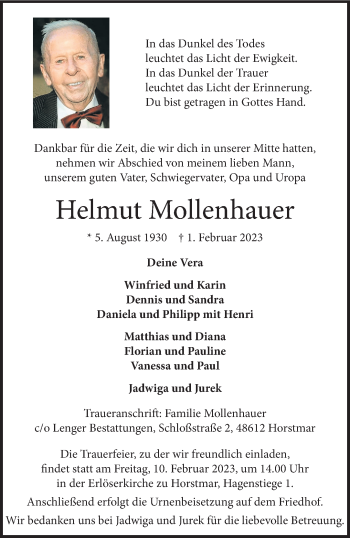 Anzeige von Helmut Mollenhauer 