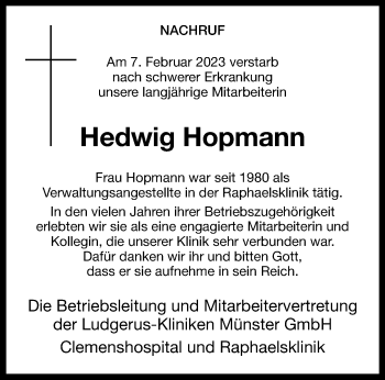 Anzeige von Hedwig Hopmann 