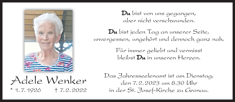  Traueranzeige für Adele Wenker vom 04.02.2023 aus 