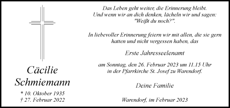  Traueranzeige für Cäcilie Schmiemann vom 18.02.2023 aus 