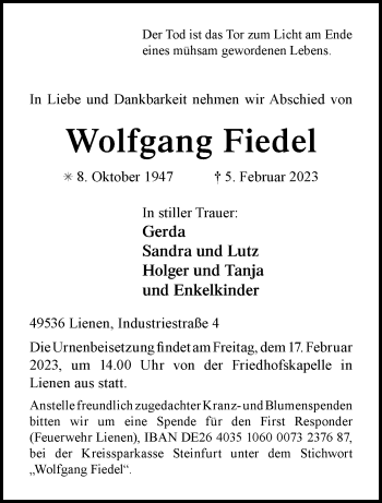 Anzeige von Wolfgang Fiedel 