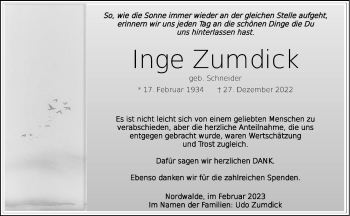 Anzeige von Inge Zumdick 