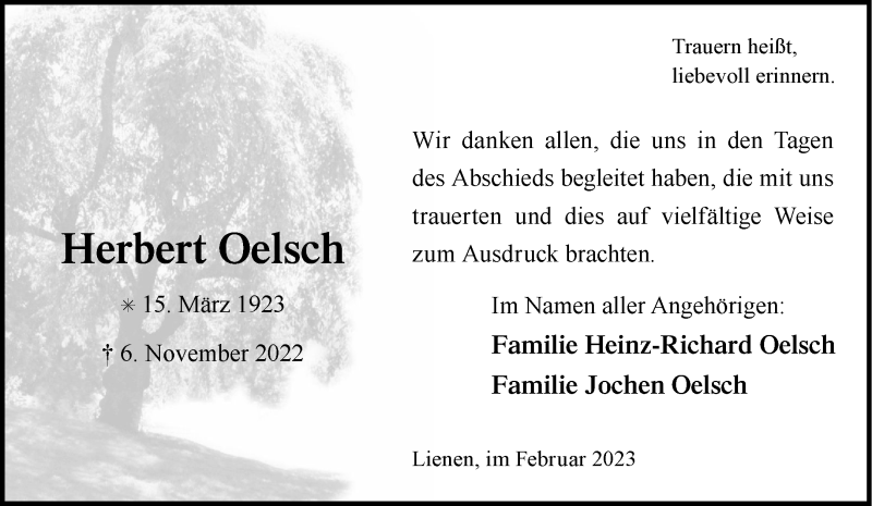  Traueranzeige für Herbert Oelsch vom 18.02.2023 aus 