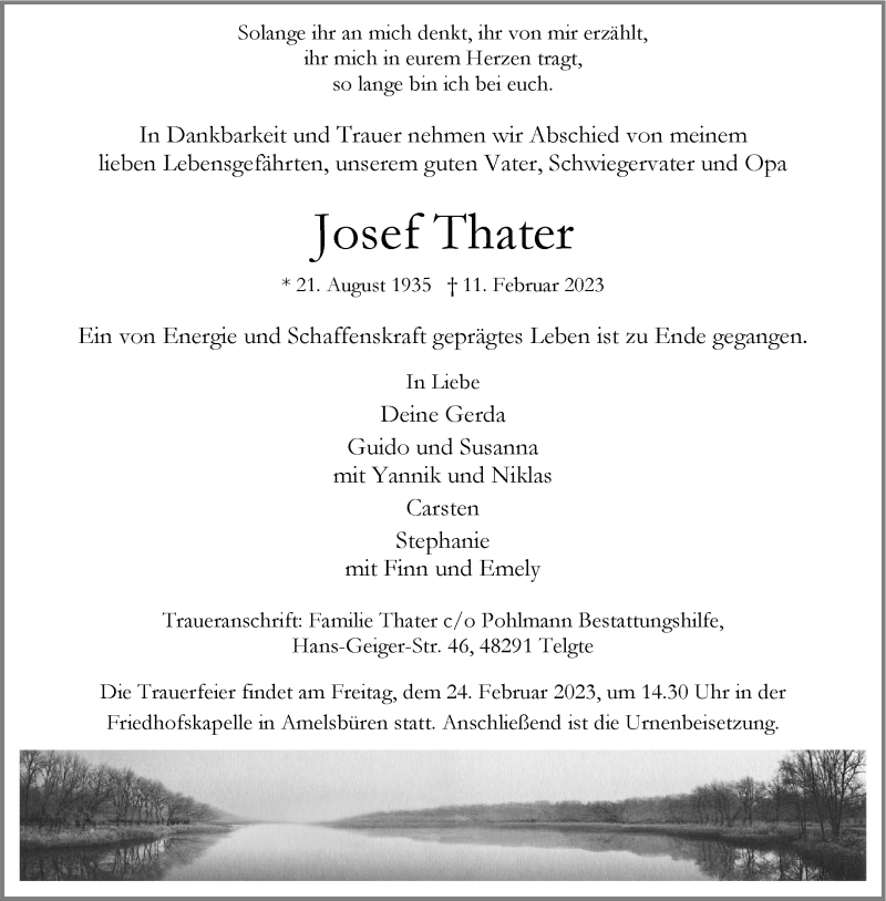  Traueranzeige für Josef Thater vom 18.02.2023 aus 