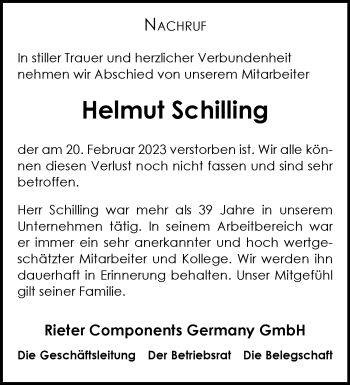 Anzeige von Helmut Schilling 