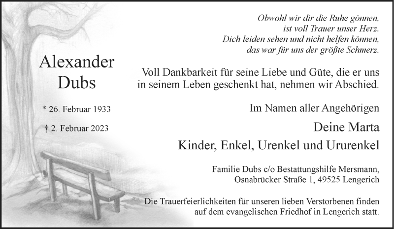  Traueranzeige für Alexander Dubs vom 08.02.2023 aus 