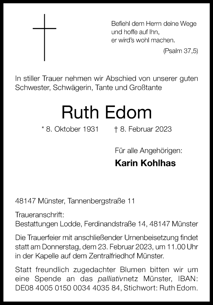  Traueranzeige für Ruth Edom vom 18.02.2023 aus 