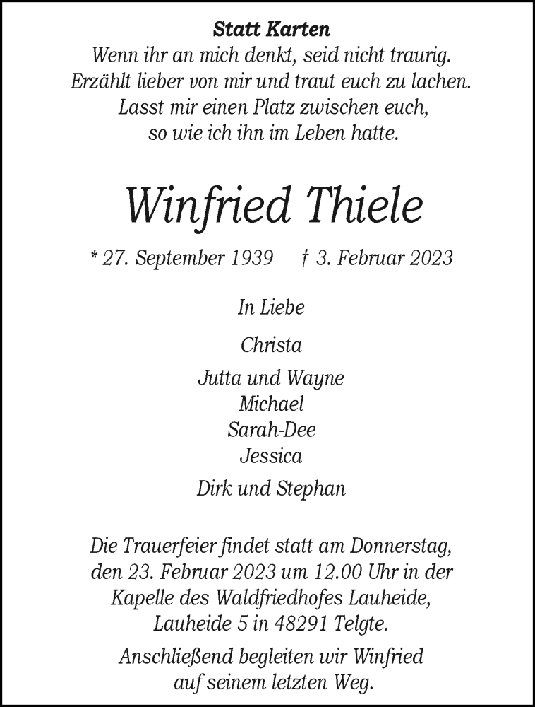 Traueranzeige für Winfried Thiele vom 11.02.2023 aus 