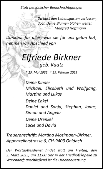 Anzeige von Elfriede Birkner 