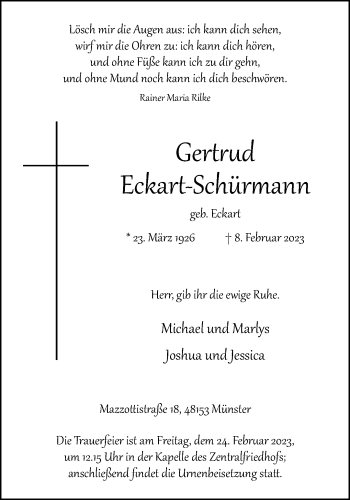 Anzeige von Gertrud Eckart-Schürmann 