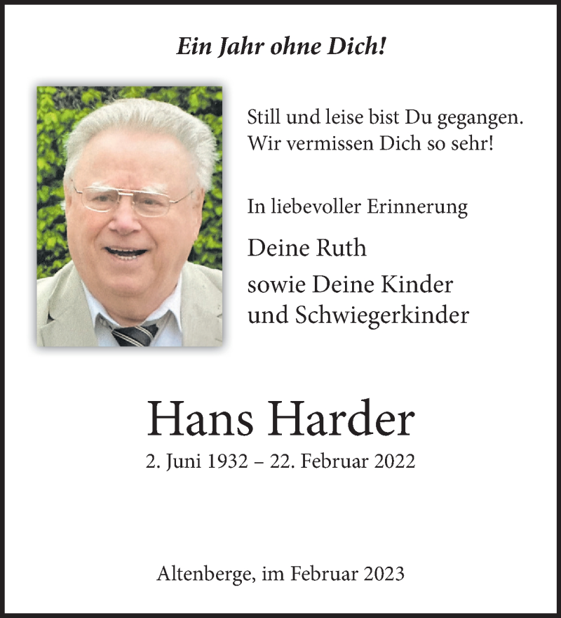  Traueranzeige für Hans Harder vom 22.02.2023 aus 