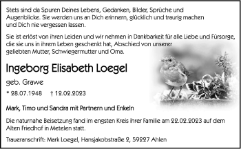 Anzeige von Ingeborg Elisabeth Loegel 