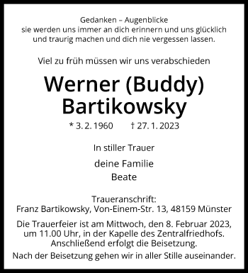 Anzeige von Werner Bartikowsky 
