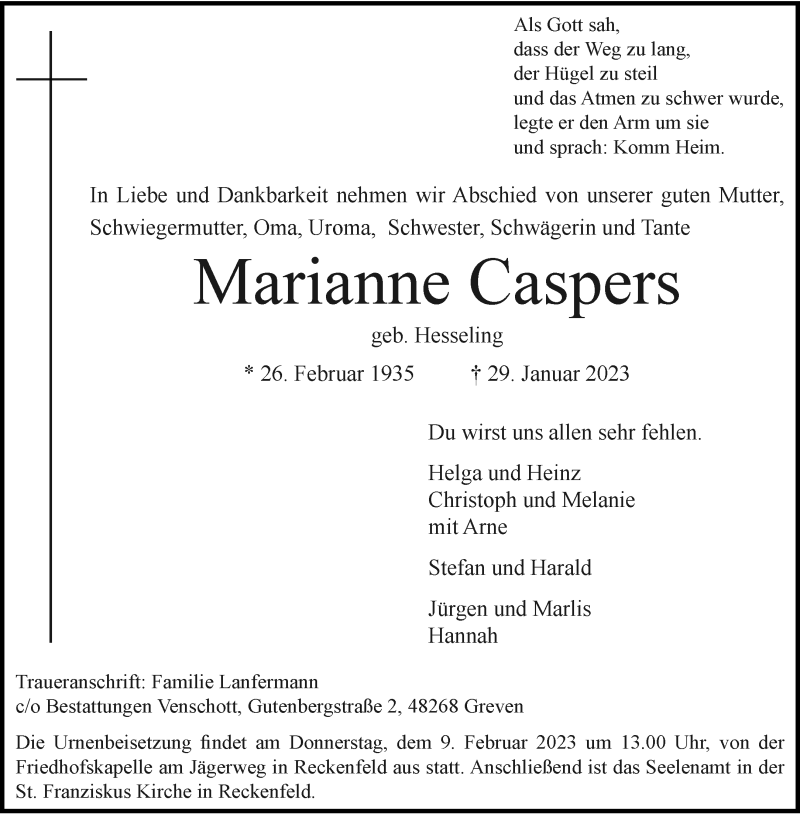  Traueranzeige für Marianne Caspers vom 04.02.2023 aus 