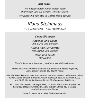 Anzeige von Klaus Steinmaus 