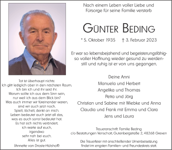 Anzeige von Günter Beding 