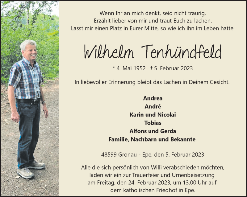  Traueranzeige für Wilhelm Tenhündfeld vom 18.02.2023 aus 