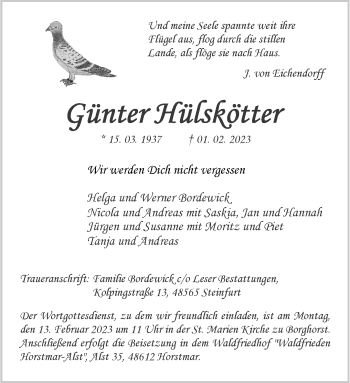 Anzeige von Günter Hülskötter 