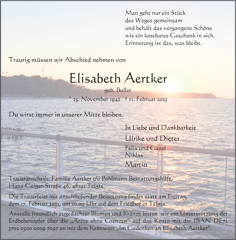  Traueranzeige für Elisabeth Aertker vom 15.02.2023 aus 