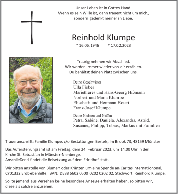 Anzeige von Reinhold Klumpe 