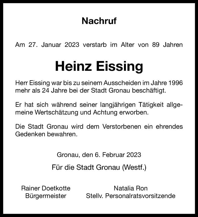  Traueranzeige für Heinz Eissing vom 08.02.2023 aus 
