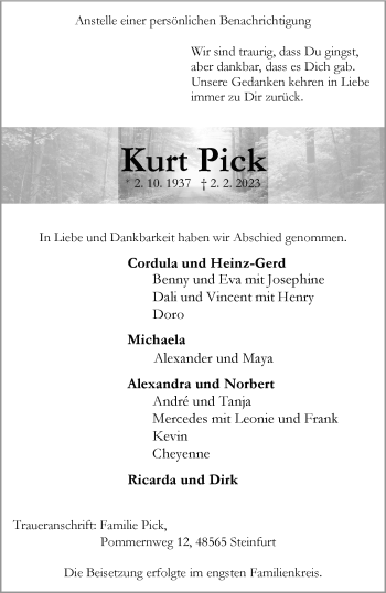 Anzeige von Kurt Pick 