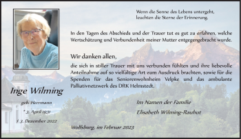 Anzeige von Inge Wilming 