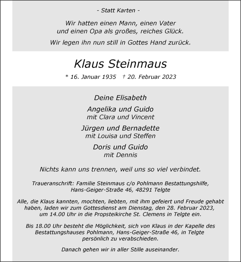  Traueranzeige für Klaus Steinmaus vom 25.02.2023 aus 