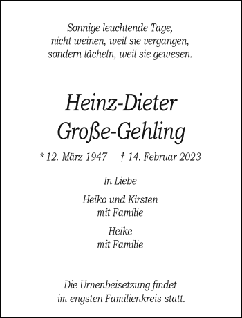 Anzeige von Heinz-Dieter Große-Gehling 