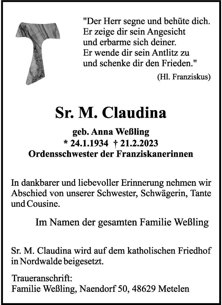  Traueranzeige für Sr. M. Claudina  vom 25.02.2023 aus 