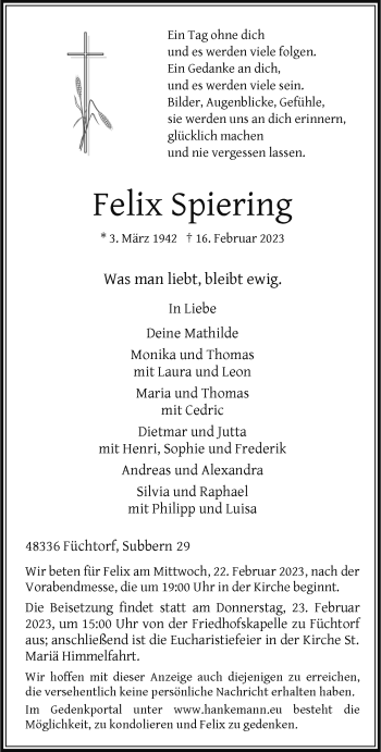 Anzeige von Felix Spiering 