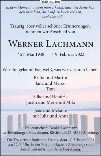 Anzeige von Werner Lachmann 