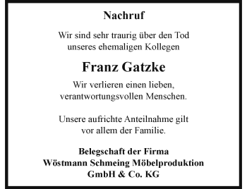 Anzeige von Franz Gatzke 