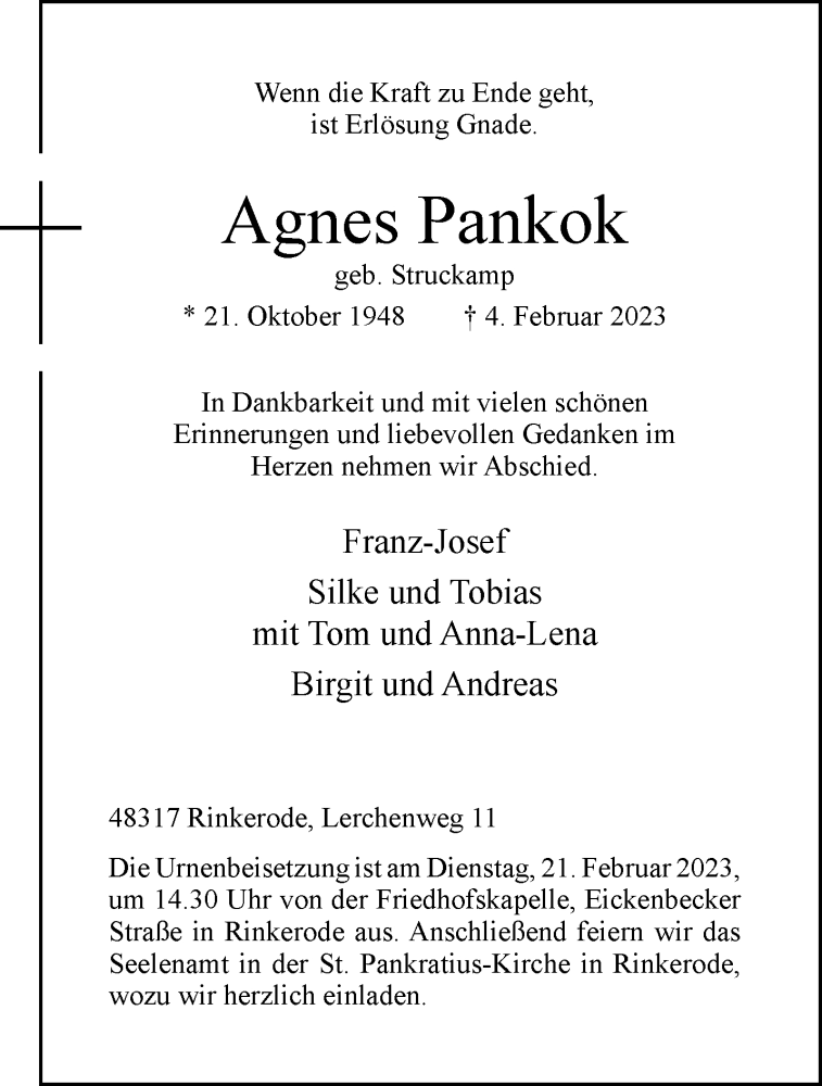  Traueranzeige für Agnes Pankok vom 09.02.2023 aus 