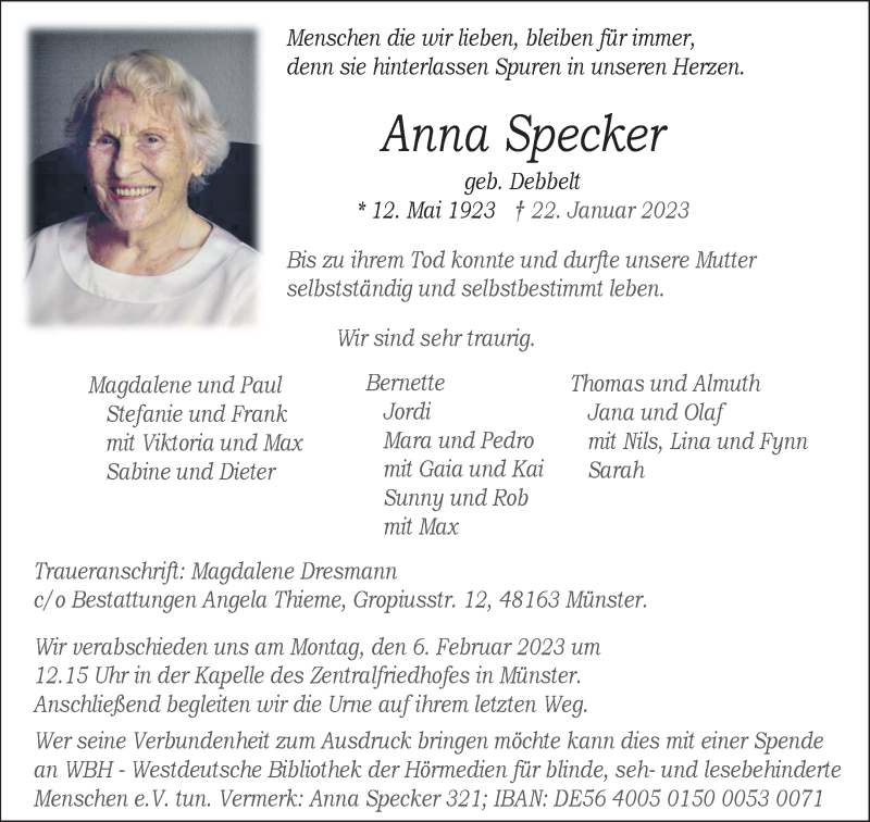 Traueranzeige für Anna Specker vom 28.01.2023 aus 