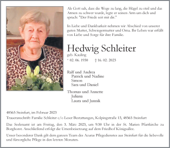 Anzeige von Hedwig Schleiter 
