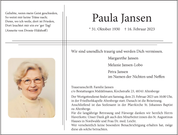 Anzeige von Paula Jansen 