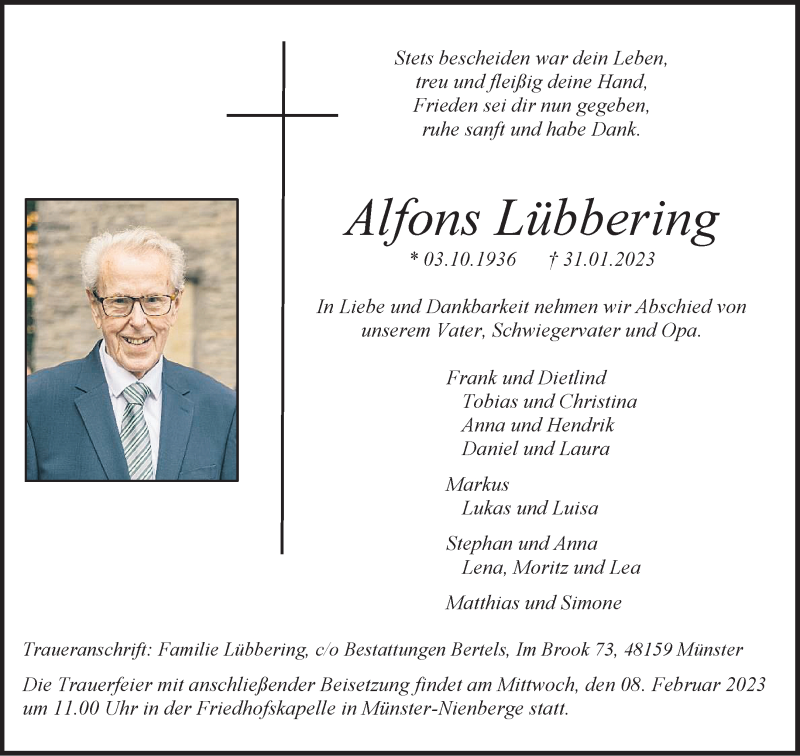  Traueranzeige für Alfons Lübbering vom 04.02.2023 aus 