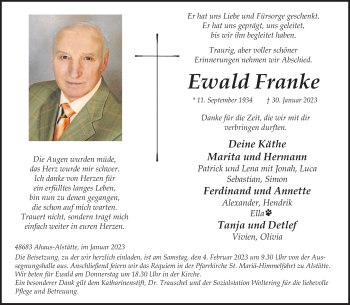 Anzeige von Ewald Franke 