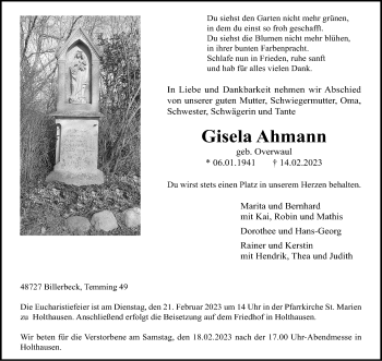 Anzeige von Gisela Ahmann 