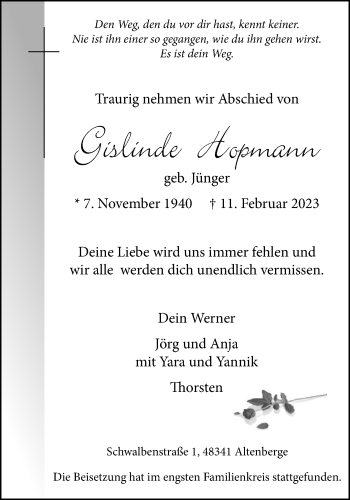 Anzeige von Gislinde Hopmann 