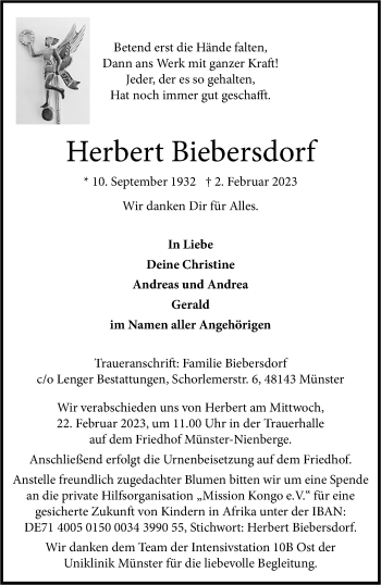 Anzeige von Herbert Biebersdorf 