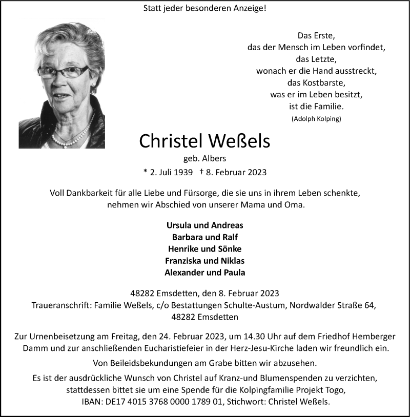  Traueranzeige für Christel Weßels vom 18.02.2023 aus 