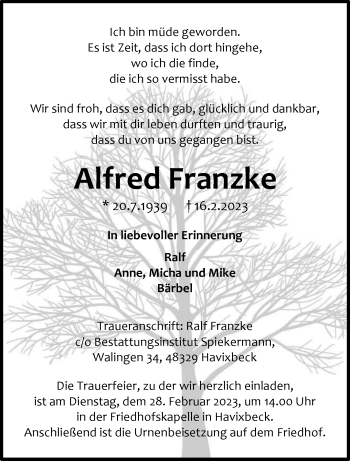 Anzeige von Alfred Franzke 