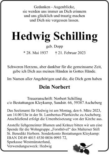 Anzeige von Hedwig Schilling 