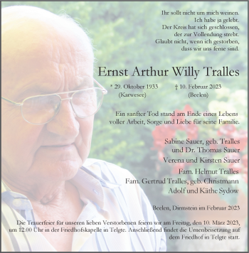 Anzeige von Ernst Arthur Willy Tralles 