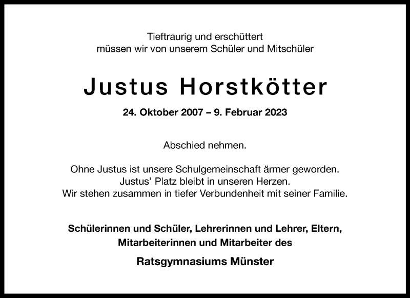  Traueranzeige für Justus Horstkötter vom 18.02.2023 aus 